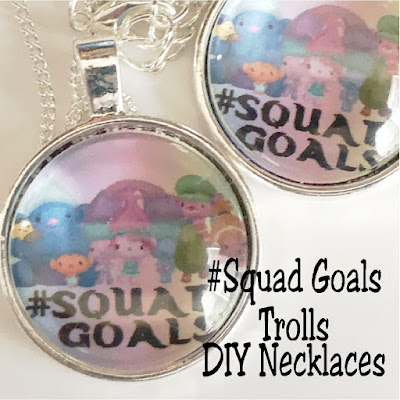 Make your own awesome Party favors for your next Trolls party with the help of this DIY #SquadGoals Trolls party favor necklaces and free printable. You'll have the most amazing party favors that guests will love for the most awesome party ever. #squadgoals #trollsparty #trolls #oneinchcircle #diypartymomblog