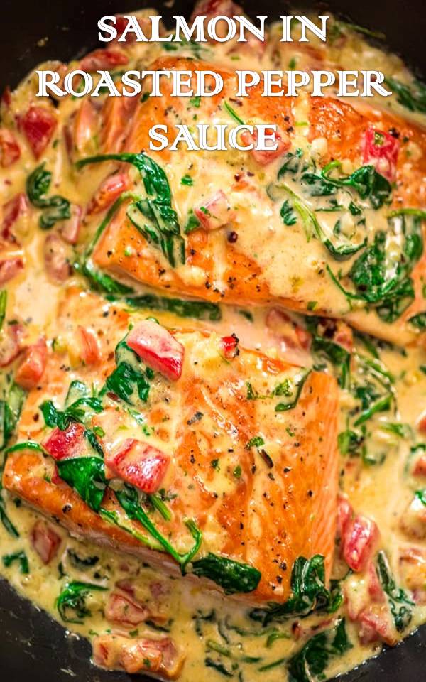 This Salmon in Roasted Pepper Sauce makes an absolutely scrumptious meal, worthy of a special occasion. Make this easy one-pan dinner in just 20 minutes!  INGREDIENTS 2 salmon fillets skin on (about 1 lb.) Salt and pepper to season 1 tbsp. olive oil 1 tbsp. butter 3 cloves garlic finely diced 4 oz. roasted red peppers diced 4 cups fresh baby spinach 1/2 cup Half & Half or heavy cream 1/4 cup grated Parmesan cheese 1/4 tsp. red pepper flakes or to taste 1/4 cup chopped parsley Salt and pepper to taste INSTRUCTIONS Season the salmon fillets with salt and pepper. Heat the oil in a medium non-stick skillet over medium heat. Cook the salmon fillets flesh-side down first, for 5 minutes on each side, or until cooked to your liking. Once cooked, remove them from the pan and set aside. To the same pan, add butter and garlic. Cook for 1 minute, add the roasted peppers, and cook for 2 more minutes. Add the spinach and allow it to wilt. Reduce the heat to low, and add Half & Half, Parmesan, red pepper flakes, parsley, salt, and pepper. Stir and bring to a simmer. Return the salmon to the pan and spoon the sauce over each filet. Serve over pasta, rice, or steamed vegetables.