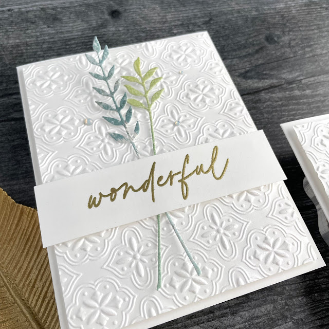 Embossed White Floral Cards created with Spellbinders Floral Relfection collection, sealed wildflowers die, tile reflection embossing folder; Scrapbookcom solar white cardstock, foam adhesive, celebrate expressions stamp, hi fall stamp; 49 an Market spectrum sherbet papers