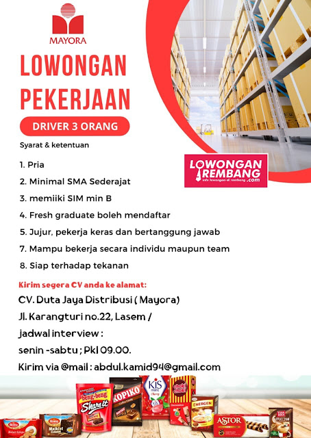3 Lowongan Kerja Pegawai Sopir Mayora CV Duta Jaya Distribusi Rembang