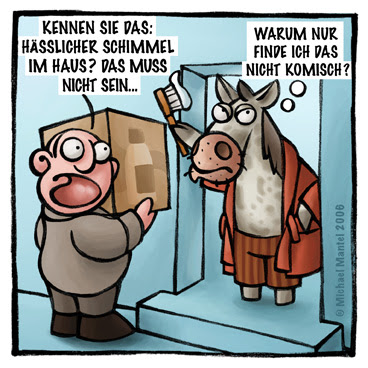 Vertreter Schimmel verkaufen häßlich Bademantel Haus Pferdewitz Zähne putzen Cartoon Cartoons Witze witzig witzige lustige Bilder Bilderwitz Bilderwitze Comic Zeichnungen lustig Karikatur Karikaturen Illustrationen Michael Mantel lachhaft Spaß Humor Witz