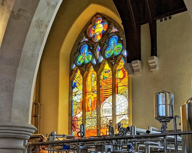 Whiskey themed stained glass at Pearse Lyons Distillery in Dublin Ireland