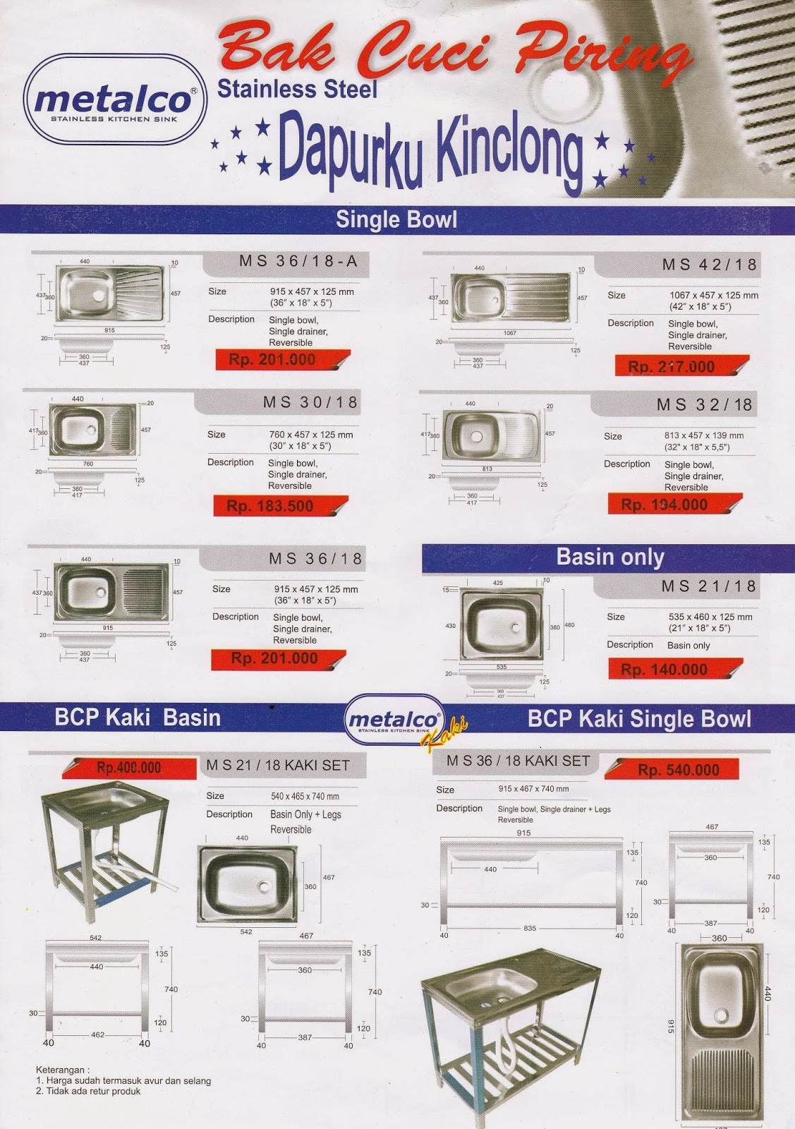 BAK CUCI PIRING KITCHEN SINK STAINLESS STEEL METALCO 