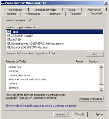 propiedades de disco local. Seguridad y permisos