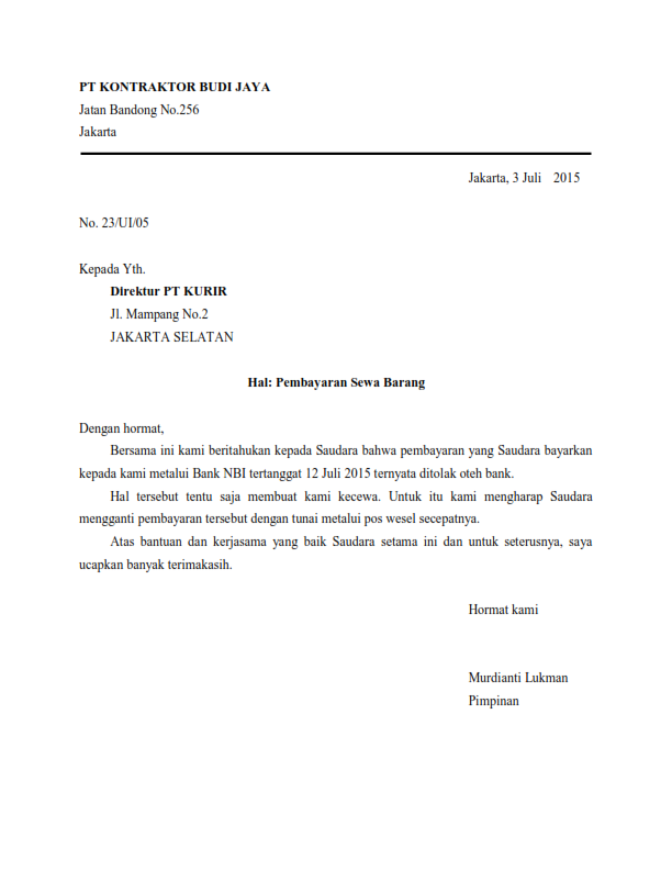 Contoh Surat Lamaran Kerja Semi Block Style Bahasa Indonesia