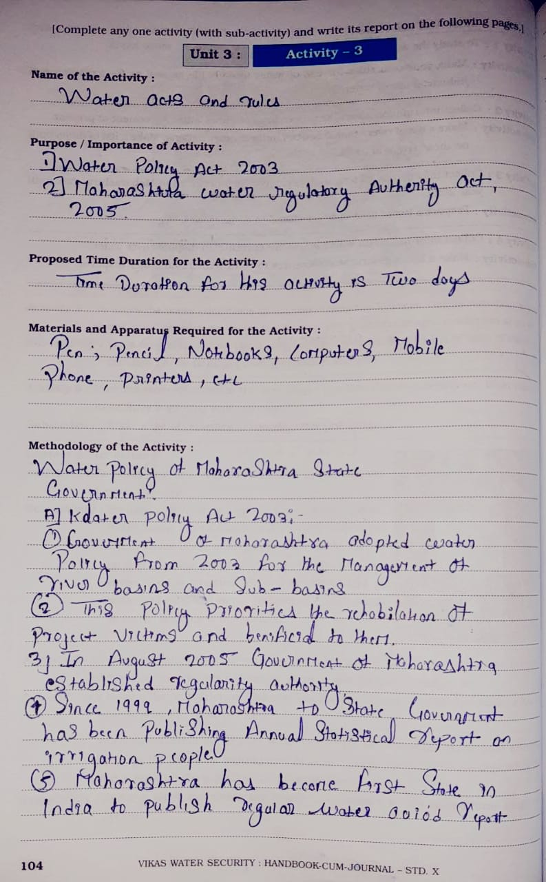 Water Security std 10 MH Board Handbook-Cum-Journal Solutions-Unit-3 Water Management