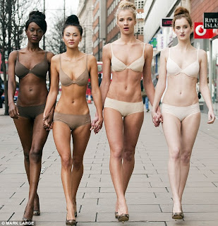 Models Joelle Kayembe, Ana Tanalia, Sarah Wiffen and Catherine Thomas wearing Mark and spencer big retailed brand new collection lingerie. this product called nearly invisible bra