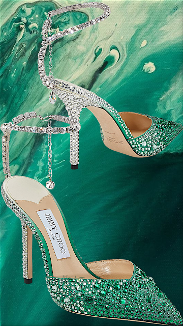 ♦Emerald green Jimmy Choo Saeda satin pumps with Swarovski crystals #brilliantluxury