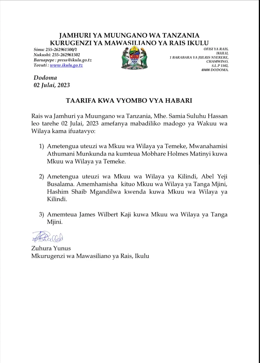 Rais Samia atengua Uteuzi wa Wakuu wa Wilaya za Temeke na Kilindi