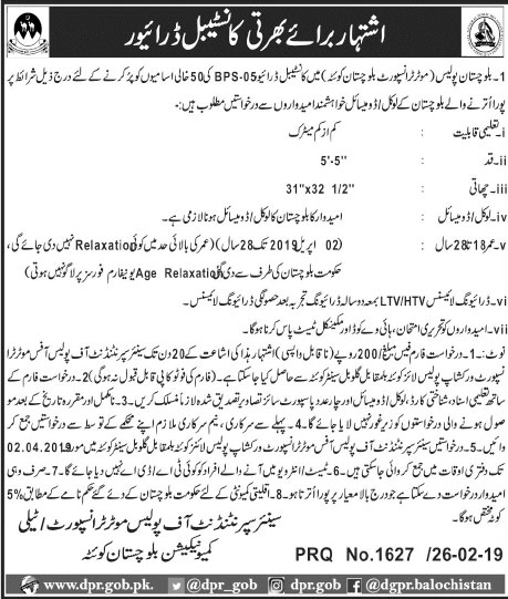 Balochistan Police Department jobs 2019 | Latest Advertisement