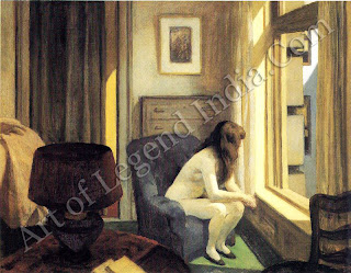 The central themes of Hopper`s work is the spiritual emptiness of f modern urban life and here he shows a woman staring listlessly out of her window at another uneventful day. Her facial expression is not shown but Hopper masterfully conveys her weariness through the sluggish altitude of her body. Although his work is in many ways austere, Hopper was extremely frank in his depiction of the nude, and figures here a very solid sense of physical presence, in keeping finless of structure of the picture as a whole. 