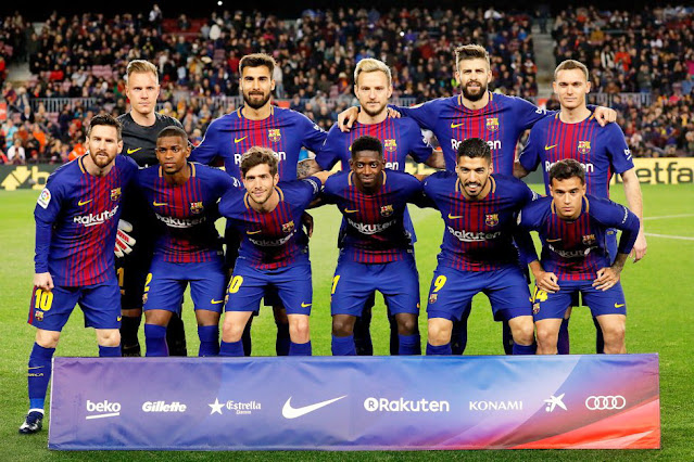 F. C. BARCELONA. Temporada 2017-18. Ter Stegen, André Gomes, Rakitic, Piqué, Vermaelen. Messi, Semedo, Sergi Roberto, Dembelé, Luis Suárez y Coutinho. F. C. BARCELONA 3 C. D. LEGANÉS 1. 07/04/2018. Campeonato de Liga de 1ª División, jornada 31. Barcelona: Nou Camp, 72.126 espectadores. GOLES: 1-0: 26’, Leo Messi. 2-0: 32’, Leo Messi. 2-1: 68’, El Zhar. 3-1: 86’, Leo Messi.