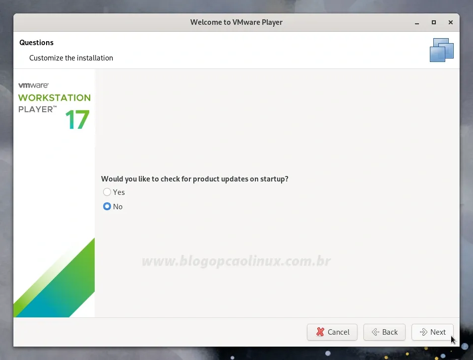 Você deseja que o VMware Workstation Player procure por atualizações ao iniciar?
