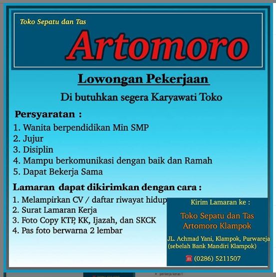 Loker Banjarnegara Lulusan Smp Di Toko Sepatu Dan Tas Artomoro Lowongan Kerja Banjarnegara Loker Banjarnegara Net