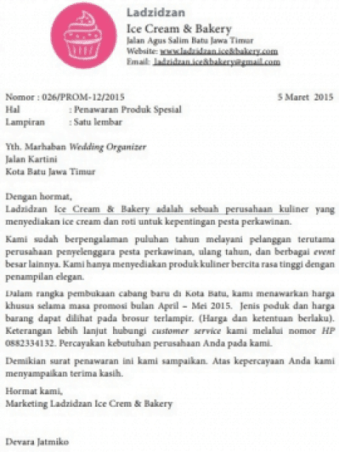 Contoh Surat Penawaran Produk Makanan (via: mapel.id)