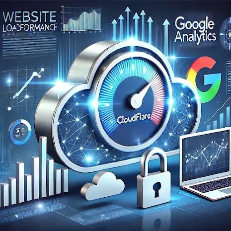 Illustration of Google Analytics integrated with Cloudflare Zaraz, showcasing website performance optimization, improved load speeds, and enhanced data security