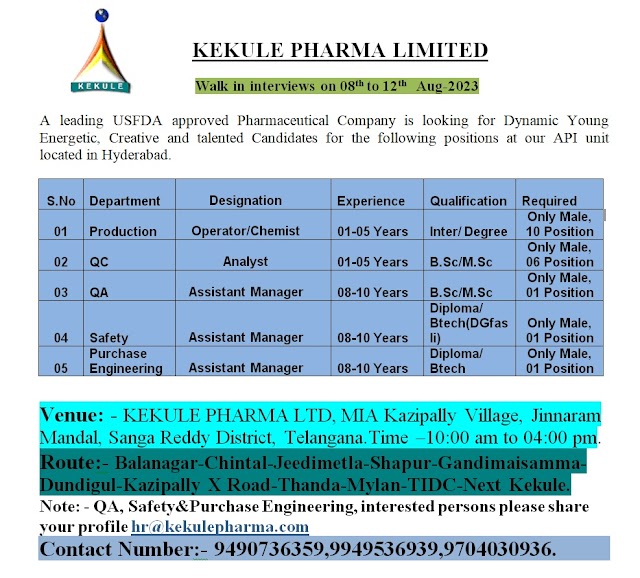 Kekule Pharma | Walk-in interview for Multiple Departments on 8th to 12th Aug 2023