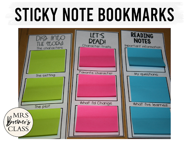 Sticky Note Bookmarks students use to take notes during reading with editable options for Kindergarten First Grade and Second Grade