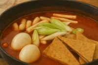 Tteokbokki simmering with eggs, fish cakes, rice cakes, and green onions in a pot