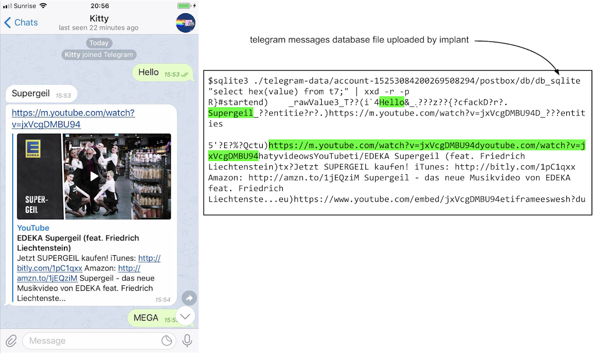 This image shows a screenshot of a chat session in telegram with messages sent between two participants. They're discussing the Supergeil advert for the German supermarket EDEKA. On the right we can see a sqlite3 session examining the db_sqlite file uploaded by the implant. Dumping the BLOB values in t7 it's possible to clearly see the plain-text of chat messages sent by both sides of the conversation.