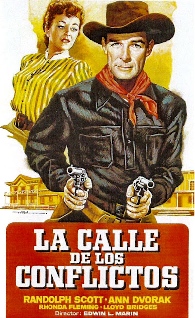 LA CALLE DE LOS CONFLICTOS. España. Carátula de video. Autor: Macario Gómez "Mac". Editora: Videotechnics. LA CALLE DE LOS CONFLICTOS. Abilene Town. 1946. Estados Unidos. Dirección: Edwin L.Marin. Reparto: Randolph Scott, Ann Dvorak, Rhonda Fleming, Edgar Buchanan, Lloyd Bridges.