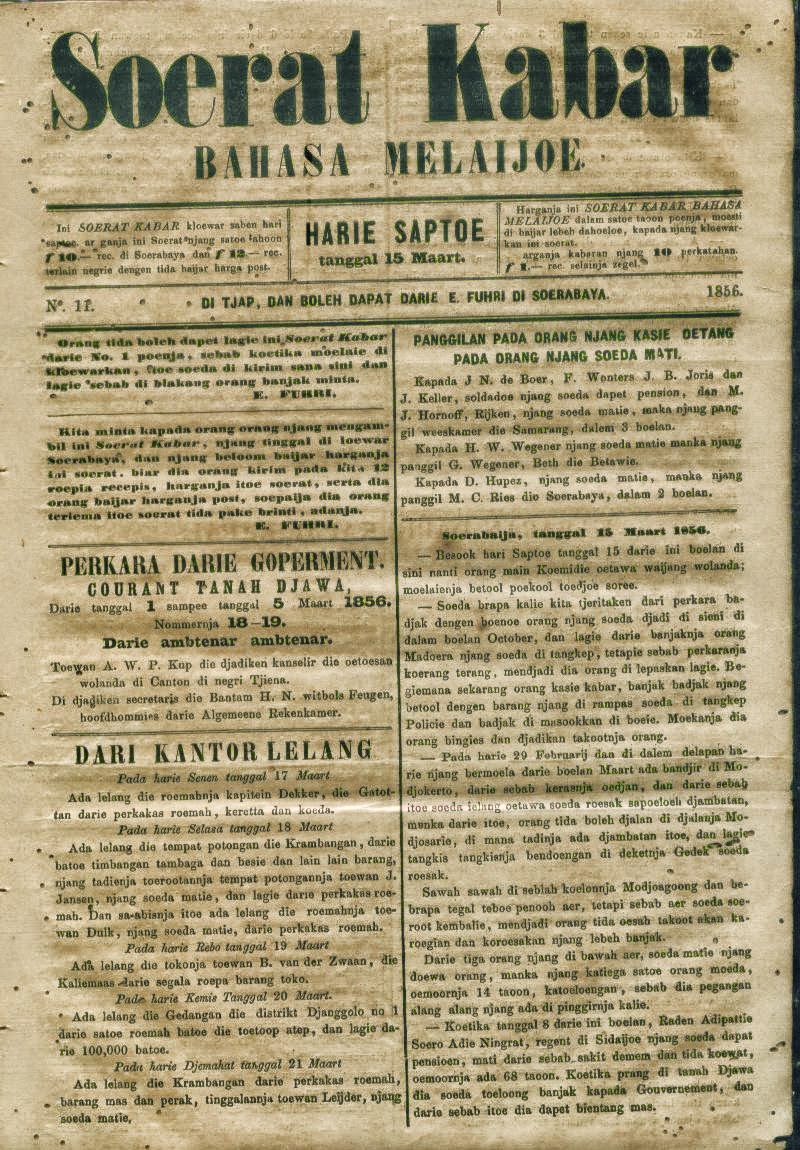 Arsip Koran Jadul Indonesia Masa Hindia Belanda Tahun 1856