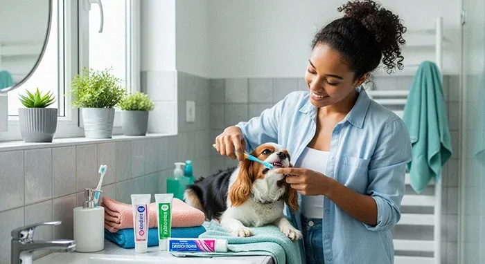 Tutora escovando dentes de cão Cavalier King Charles - higiene bucal e prevenção de doenças dentárias