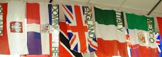 International flags, labeled by country name, hanging from the ceiling at Hyattsville Middle School