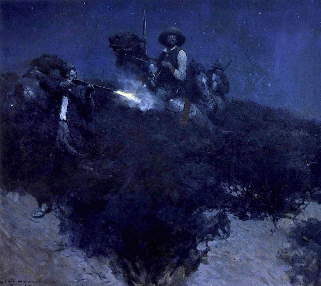 a Harvey Dunn illustration of cowboys shooting at night