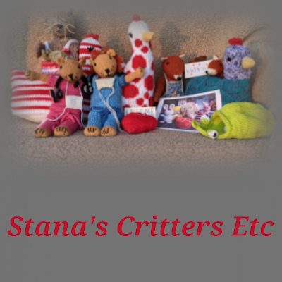 A photo of knitted toys with text Stana's Critters Etc