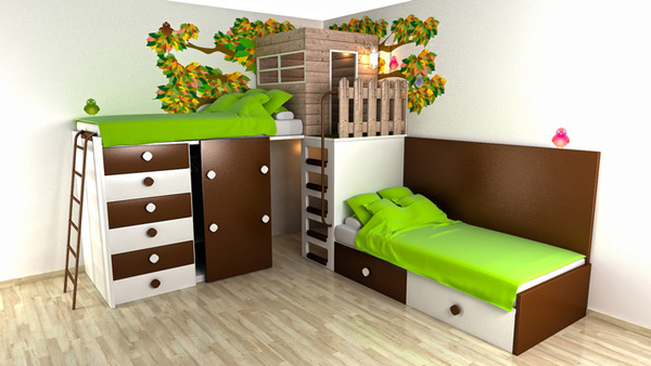 Kamar tidur ini dengan sentuhan warna hijau dan cokelat. Anak-anak 
