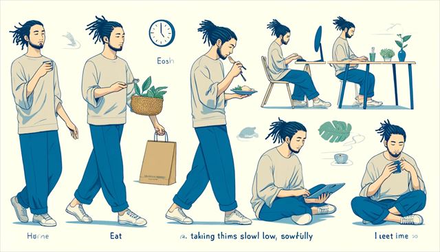 Create a wide illustration featuring a Japanese man with dreadlocks, dressed casually, engaging in various slow-paced activities: eating, walking towards a destination, typing on a computer, and reading. Emphasize the theme of taking things slowly and mindfully in each depicted activity. The man is practicing mindfulness in everyday tasks, symbolizing a shift from the belief that 'faster is better' to appreciating the value in slowness. The style should be simple and minimalistic, capturing the serene and focused moments of living in the present.