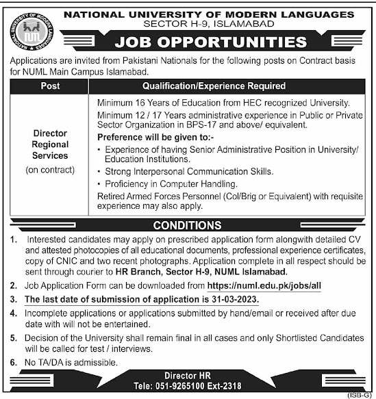 NUML Islamabad Jobs 2023 Advertisement
