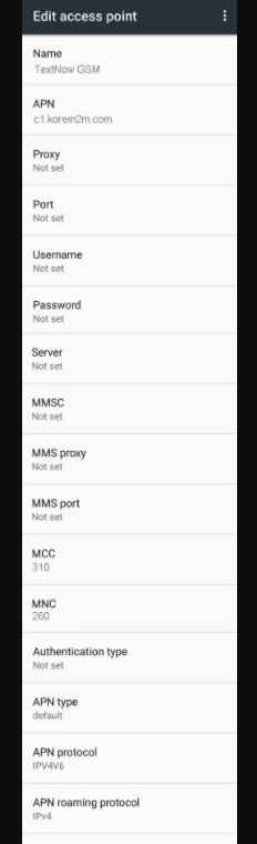 TextNow APN Settings