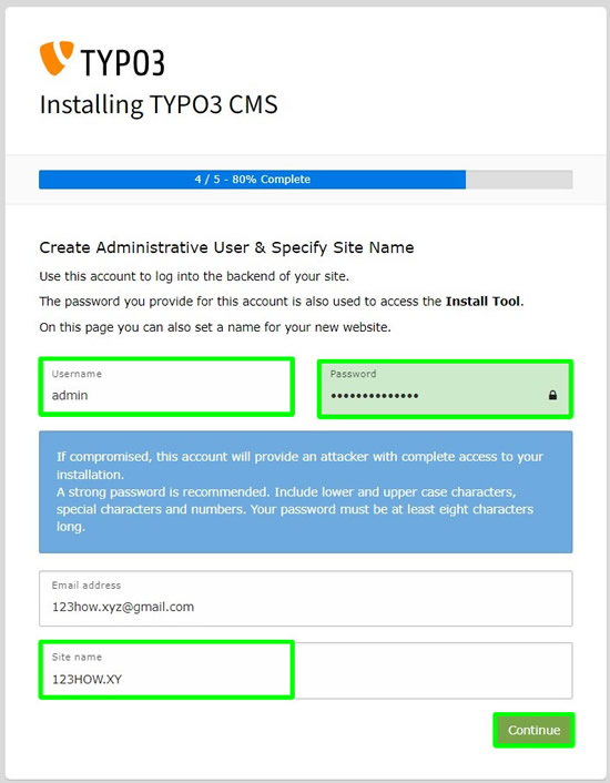 typo3 installation create admin user and site name