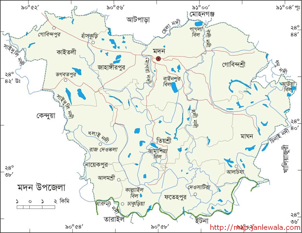 মদন উপজেলা মানচিত্র, নেত্রকোনা জেলা, বাংলাদেশ