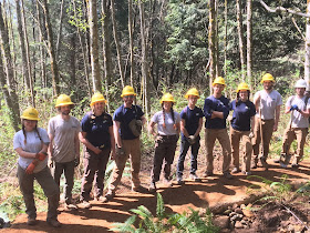 Ten AmeriCorps members line up along a freshly constructed section of trail they completed in Harry-Osborne State Forest.