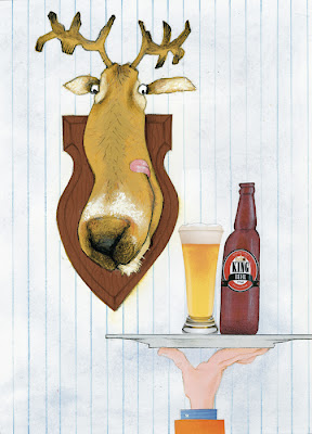 A stuffed deer head looking as a waiter brings a glass of king beer by Robert Wagt