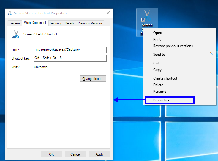 Create a shortcut to open Screen Sketch in Windows Ink 