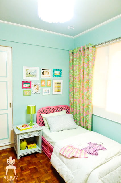 girl's room, blue and pink bedroom, paisley curtain