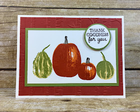 This fall card uses Stampin' Up!'s Gourd Goodness stamp set and the Woodland embossing folder.  We stamped in Cajun Craze, Pumpkin Pie, Old Olive, So Saffron, and Early Espresso!  #stampinup #stamptherapist www.stamptherapist.com