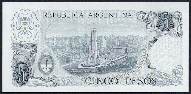 Argentina money currency 5 Pesos banknote 1976 National Flag Memorial in Rosario - Monumento Nacional a la Bandera