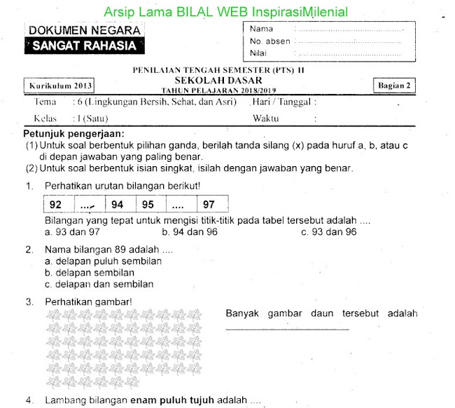 Download Soal Penilaian Tengah Semester (PTS) Genap Tema 6 (Lingkungan Bersih, Sehat, dan Asri) Bagian 2 Kelas 1 SD Terabru Tahun 2019