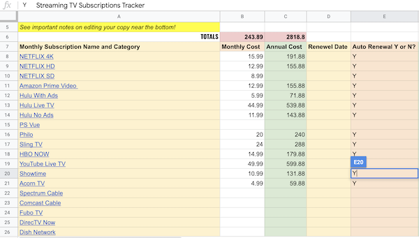 Streaming TV Subscriptions monthly cost Tracker