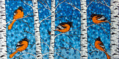 Baltimore orioles painting by artist aaron kloss, painting of birds, birch tree painting, pointillism