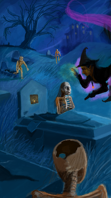 Evil skeletons and spirits emerging from broken tombs in the graveyard