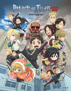 The school comedy story is set in a junior high school and centers on the original manga's characters such as Eren and Mikasa as they battle with Titans. The spin-off incorporates gags while using Shingeki no Kyojin's story and notable scenes as its basis.