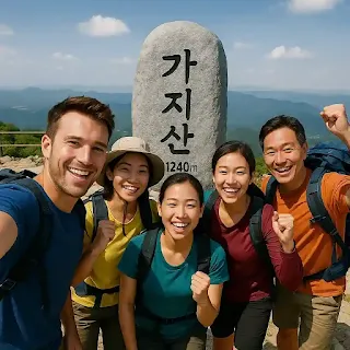 가진산에서 사람들과 단체 사진을 찍는 모습