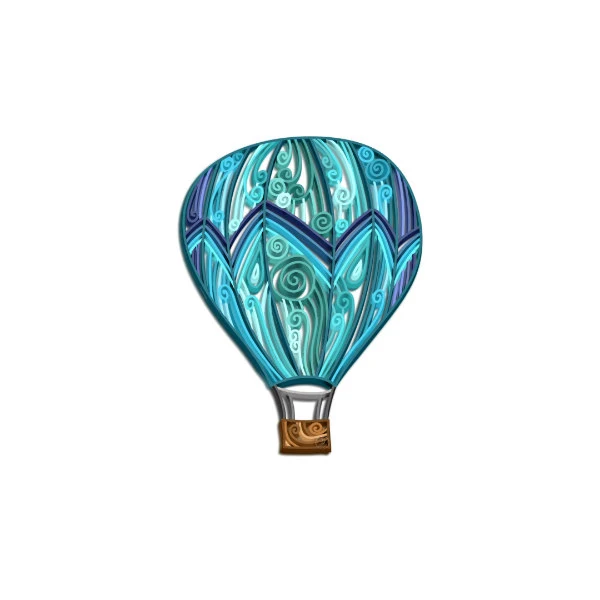 digitally quilled hot air balloon in shades of blue and green