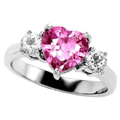  White Gold Plated Lab Created Heart Shape Pink Sapphire Engagement Ring 